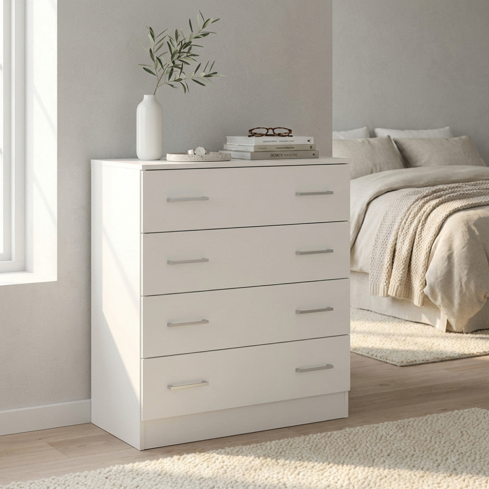 Vista angolare della cassettiera in bilaminato bianco, illuminata dalla luce naturale vicino a una finestra.