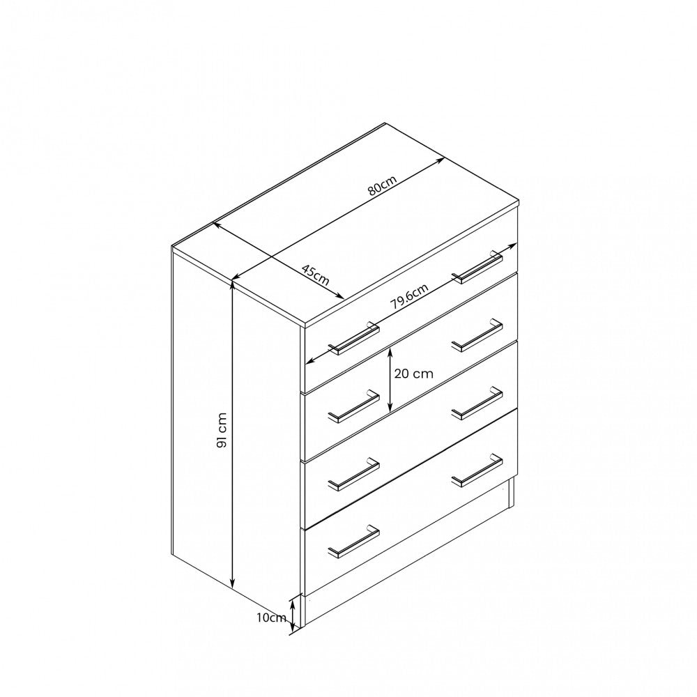 Disegno tecnico della cassettiera con quote dettagliate: larghezza 80 cm, profondita 45 cm e altezza 91 cm.
