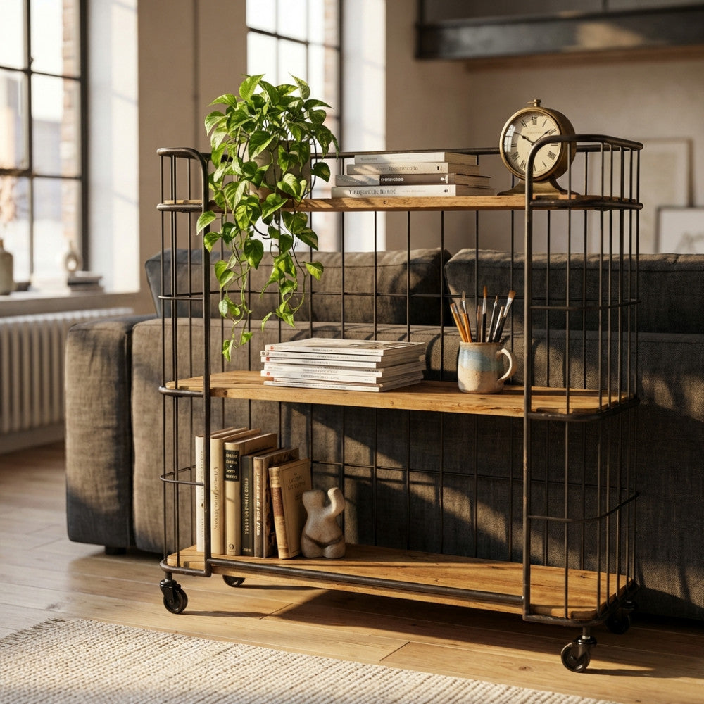 Libreria ALBAN in stile industrial decorata con piante e libri in un living moderno.