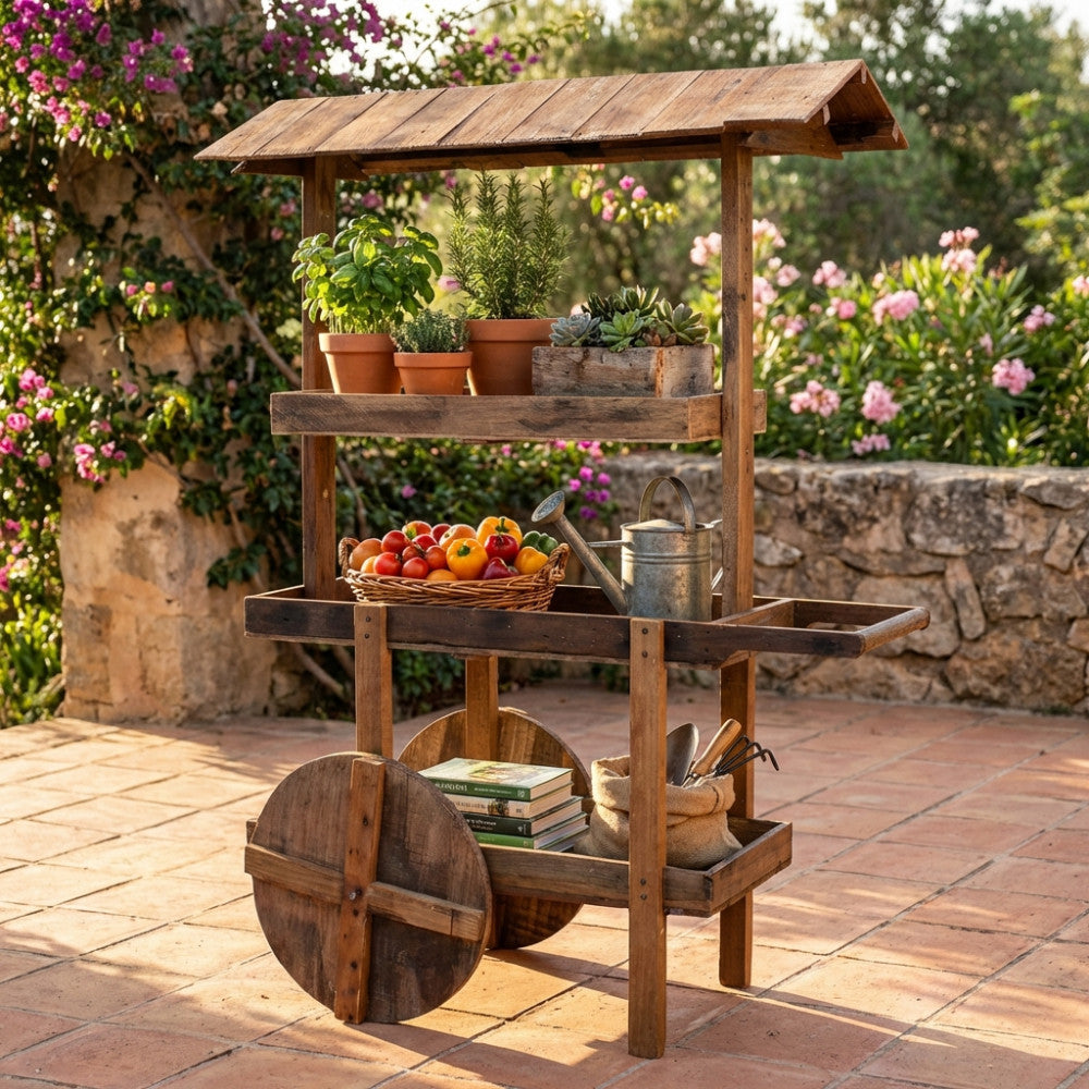 Carrello decorativo MOBILE ALFRED in legno riciclato allestito con piante e ortaggi in un patio soleggiato.