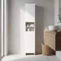 Mobile bagno moderno Alger bianco ambientato in una sala da bagno luminosa con lavabo in legno.