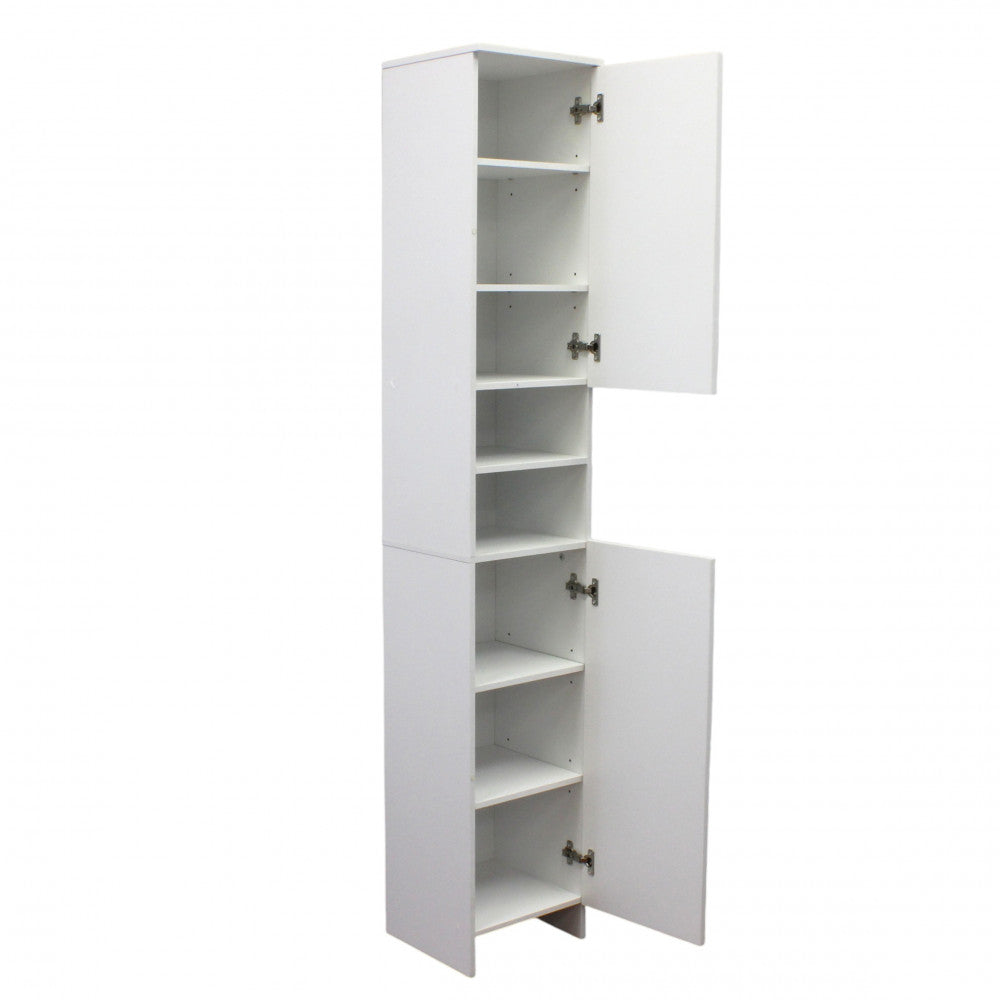 Mobile colonna bagno bianco con entrambe le ante aperte, rivelando l'ampia organizzazione interna.