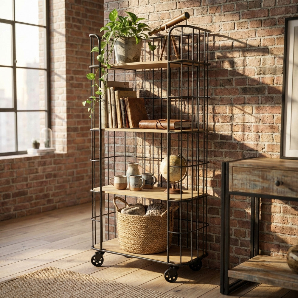 Libreria industriale AMYAS in legno e metallo ambientata in un soggiorno loft con piante ricadenti e decorazioni vintage.