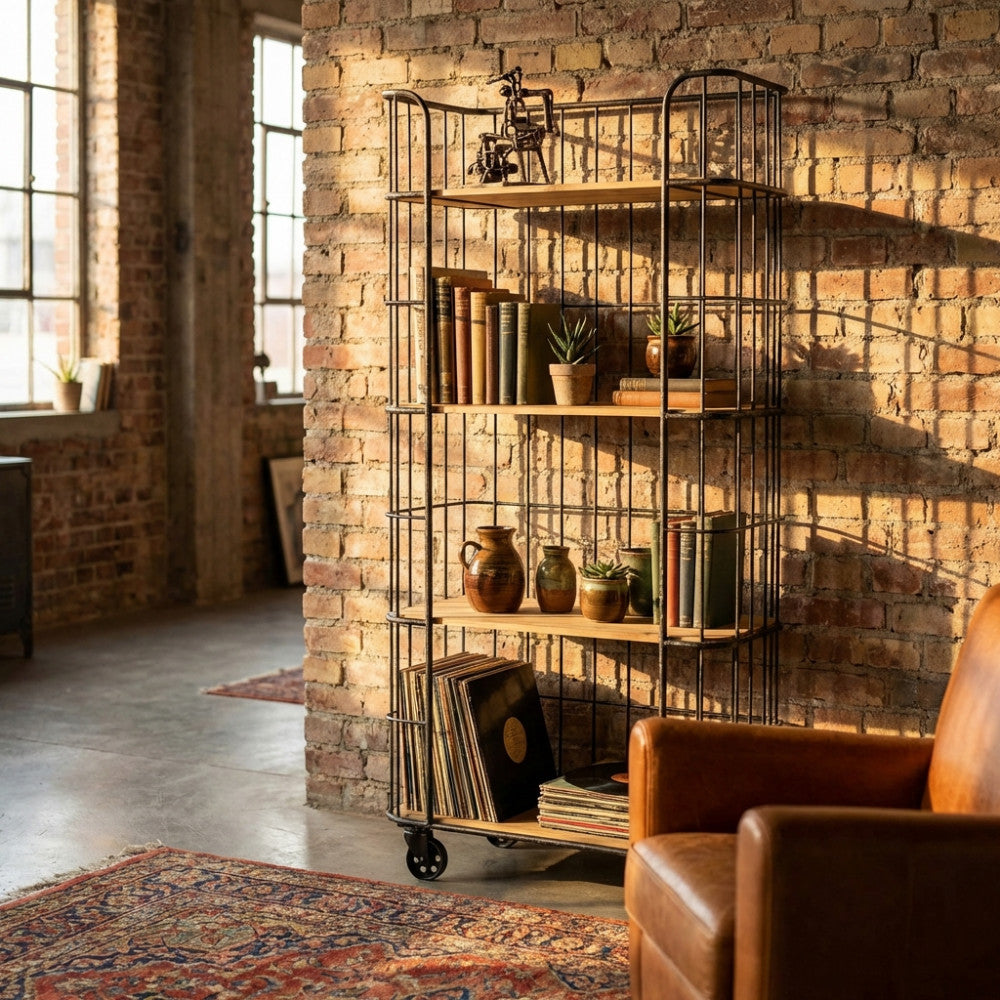 Angolazione frontale della libreria in metallo AMYAS che espone libri e ceramiche contro una parete in mattoni a vista.