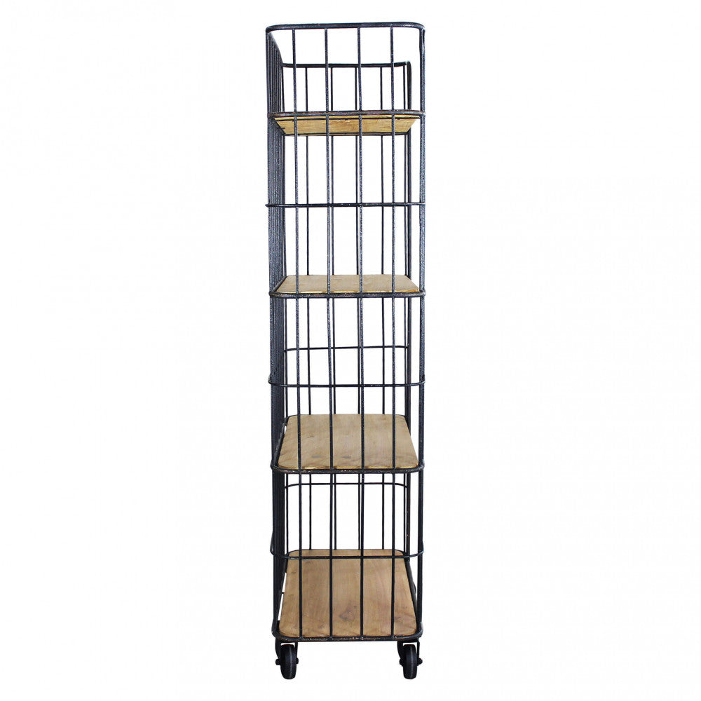 Profilo laterale della libreria industriale AMYAS che sottolinea la profondità sottile di 42 cm e la griglia metallica verticale.