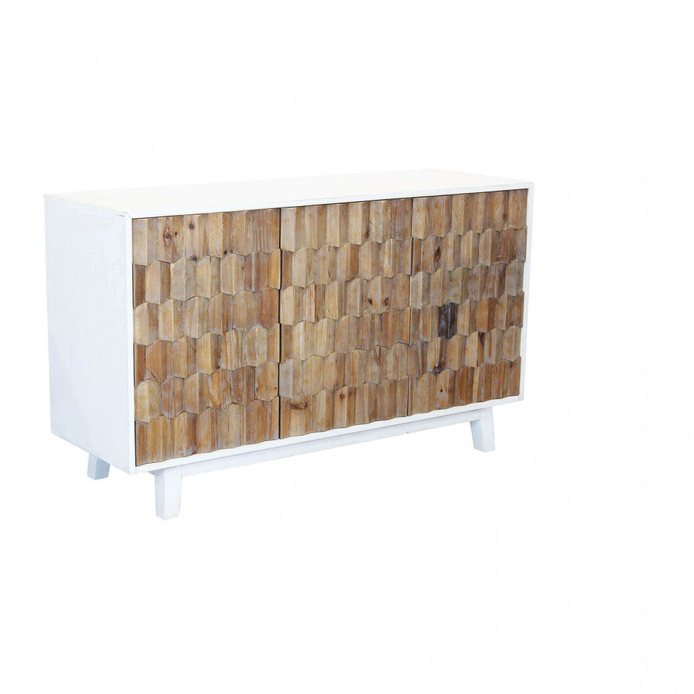 Credenza ARCHIE isolata su sfondo bianco, evidenziando il contrasto tra la scocca bianca e il legno naturale.