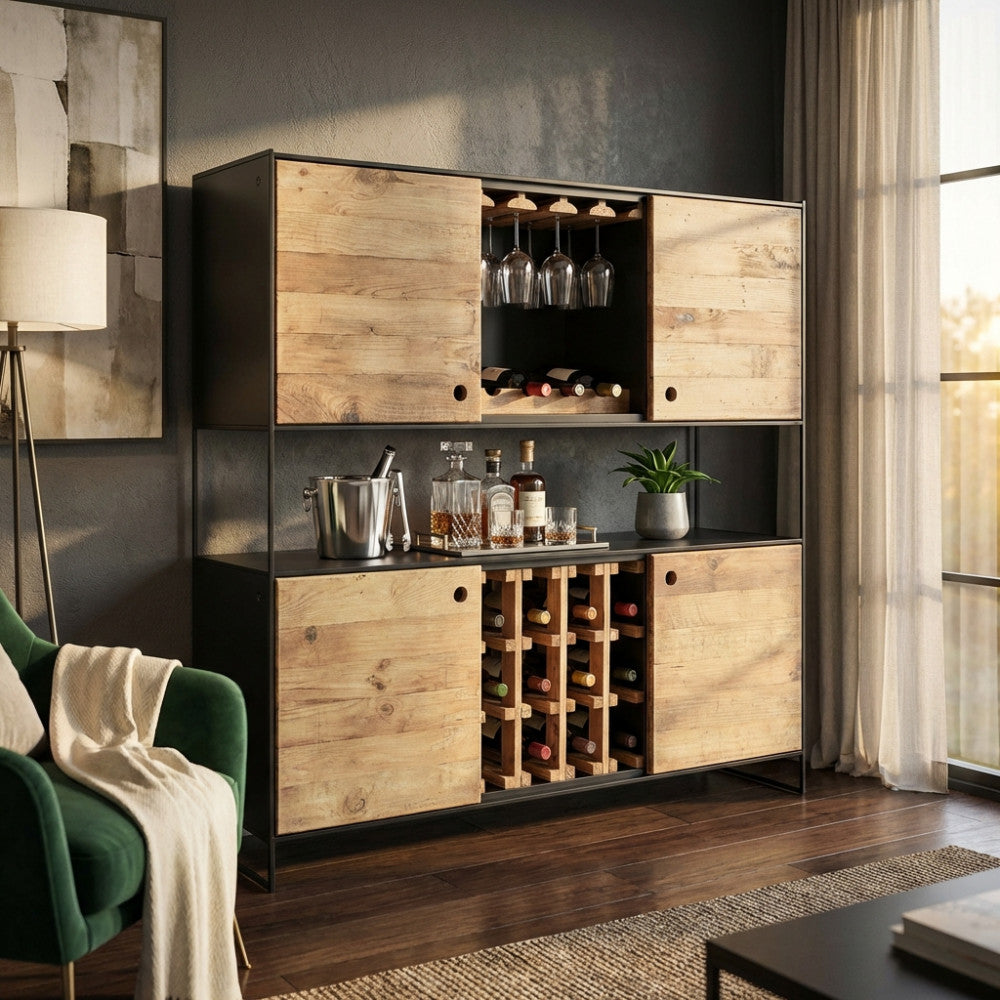 Credenza bar Arden in legno marrone inserita in un elegante salotto moderno con poltrona verde.