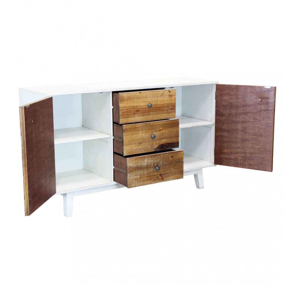 Credenza Austen con ante laterali aperte e cassetti estratti, rivelando gli ampi vani interni e la struttura in legno.