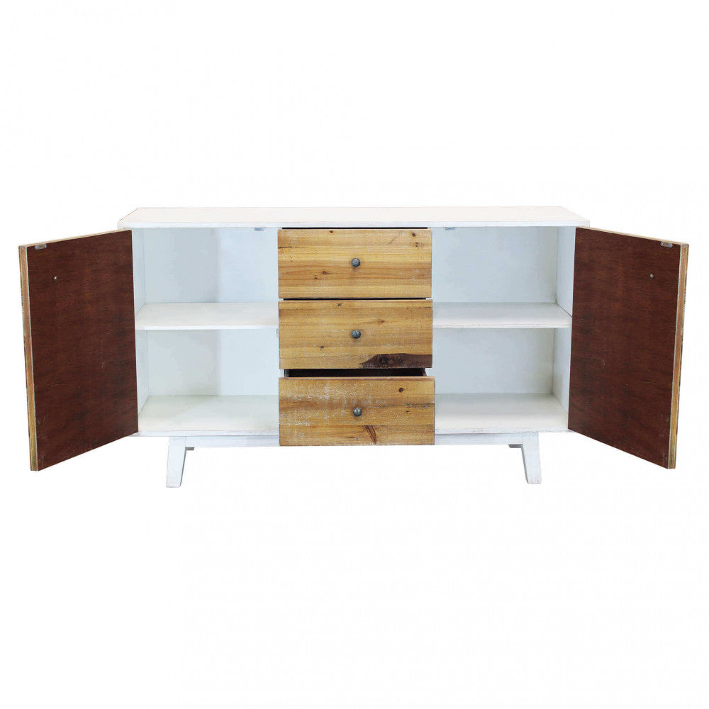 Vista frontale della credenza Austen con ante aperte e cassetti chiusi, evidenziando la simmetria dei ripiani interni bianchi.