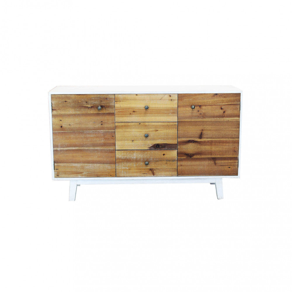 Vista frontale completa della credenza Austen isolata su sfondo bianco, con focus sui tre cassetti centrali e le due ante laterali.