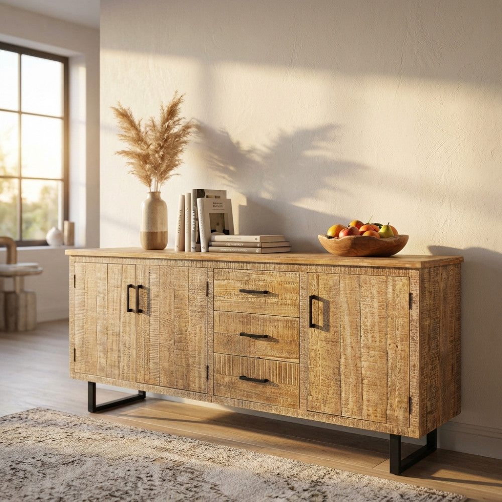 Dettaglio della credenza Barret in legno rustico con decorazioni autunnali e luce naturale radente.