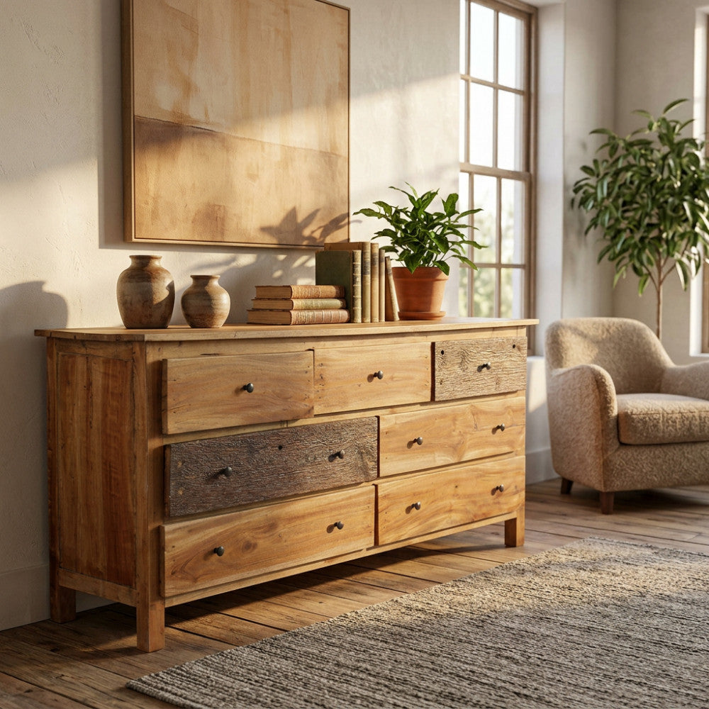La credenza industriale Bart ambientata in un soggiorno soleggiato con una poltrona testurizzata e una pianta in vaso.