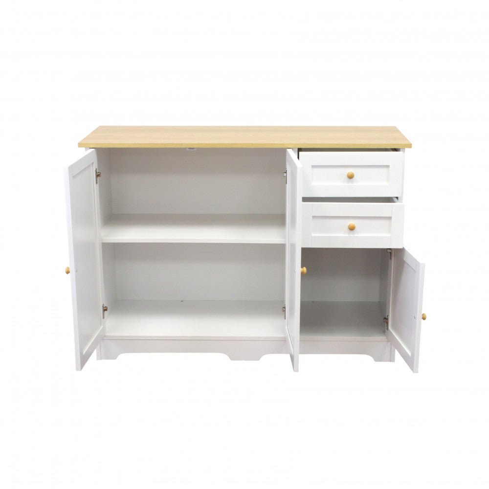Vista frontale della cassettiera in legno con tutte le ante e i cassetti aperti, illustrando la versatilità degli spazi interni.