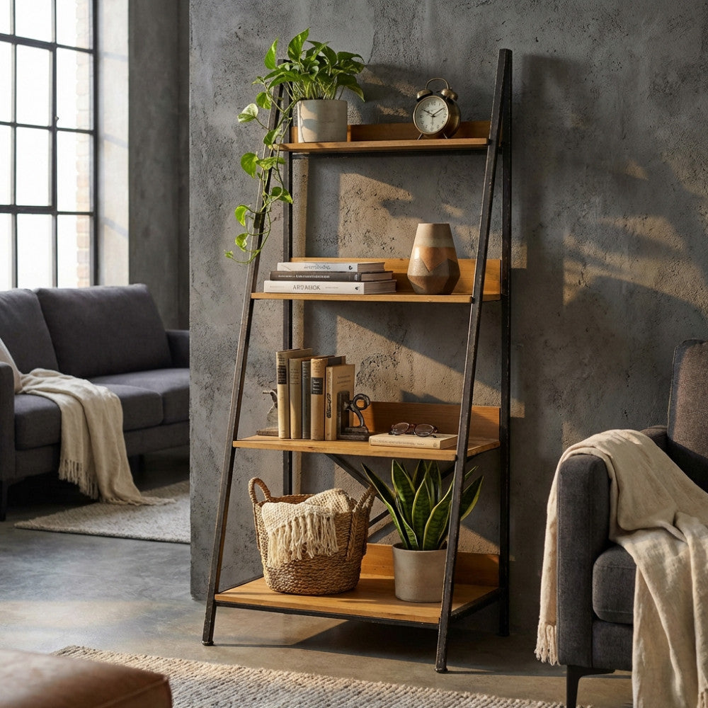 Libreria Basil ambientata in un salotto industriale con divano grigio e piante ricadenti.