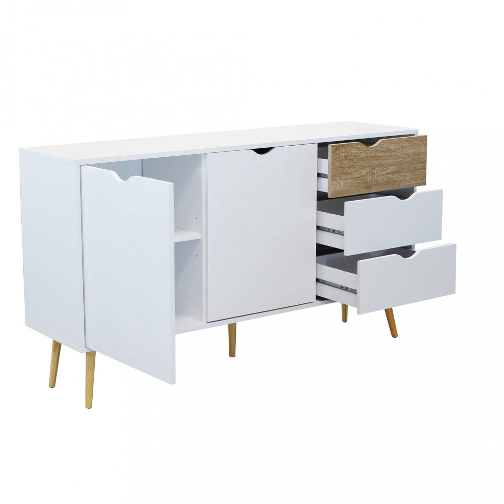 Credenza con ante e cassetti aperti, mostrando la spaziosità dei vani interni e le guide metalliche.