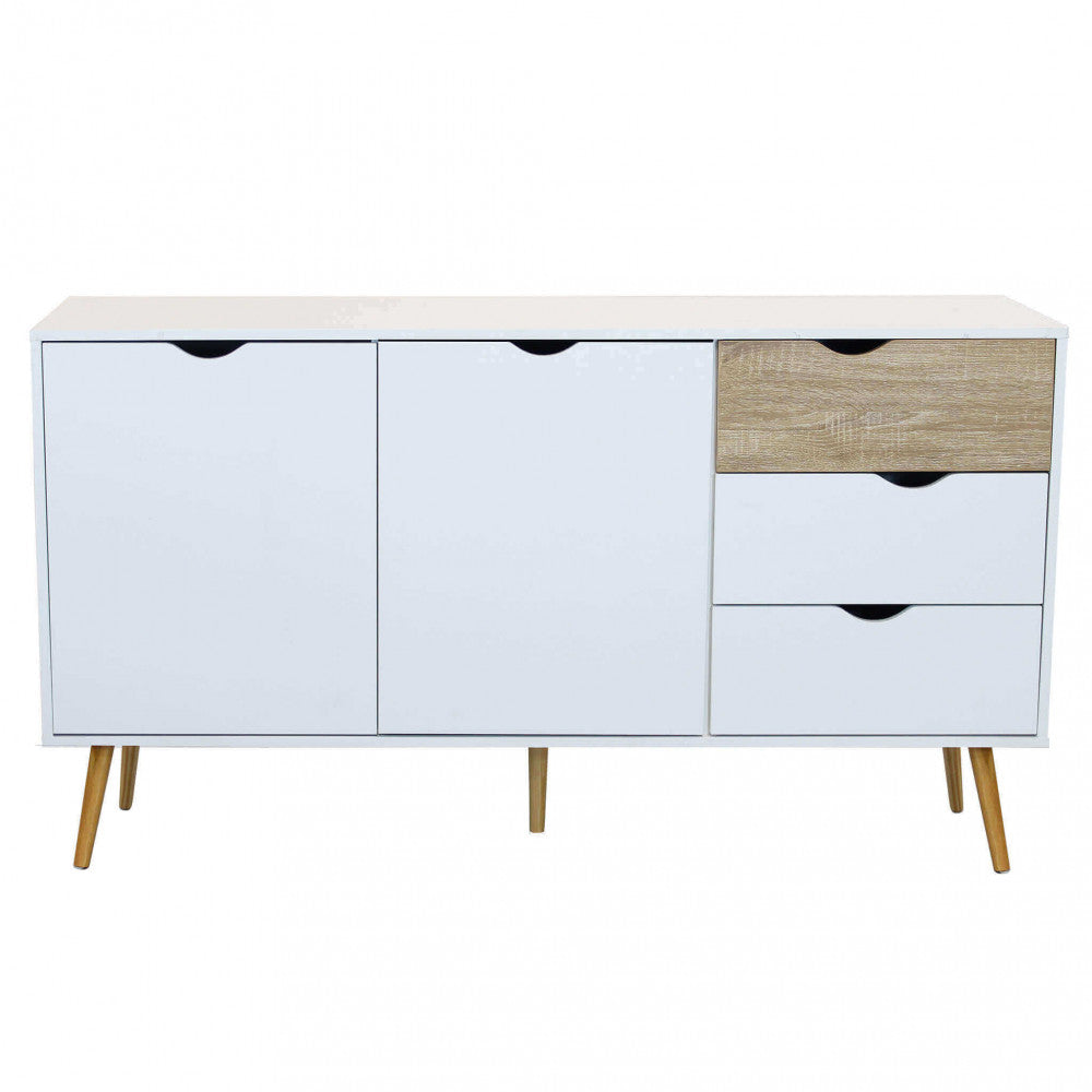 Vista frontale della credenza chiusa, con focus sul contrasto tra il cassetto superiore in finitura legno e la struttura bianca.