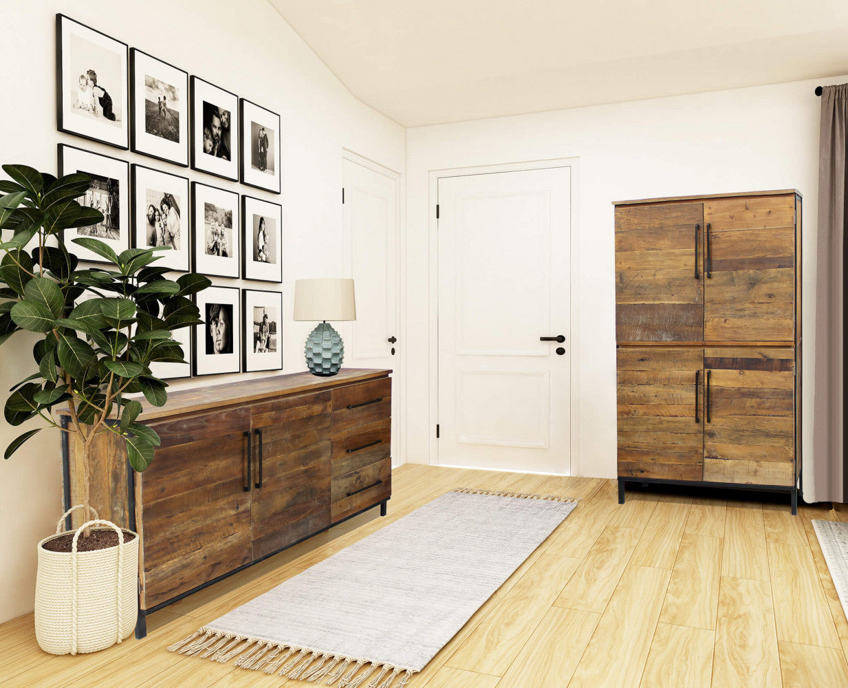 Credenza BRAXTON inserita in un corridoio elegante con pavimento in parquet, accanto a una madia coordinata.