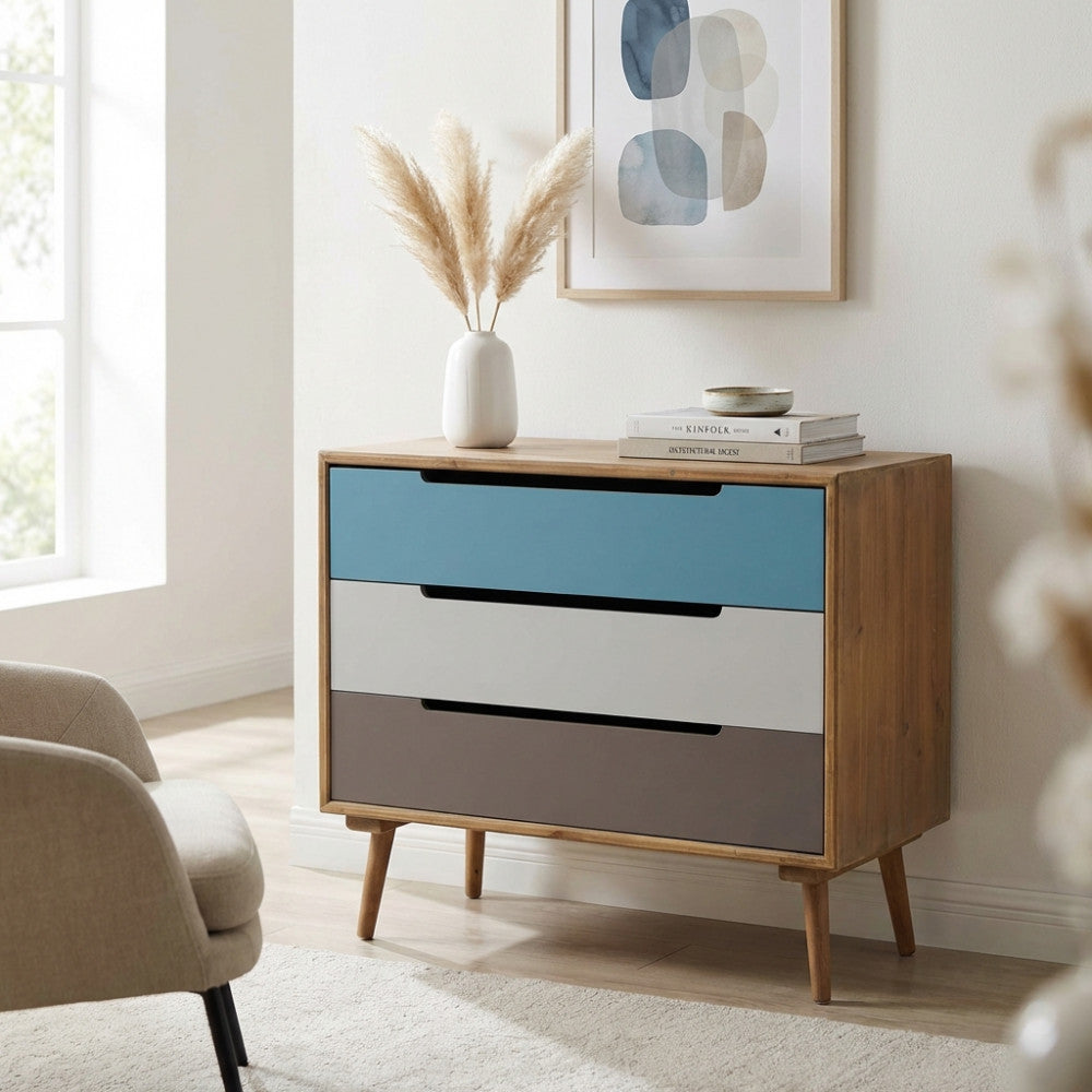 Cassettiera Cosma Brisbane in legno naturale con tre cassetti multicolor