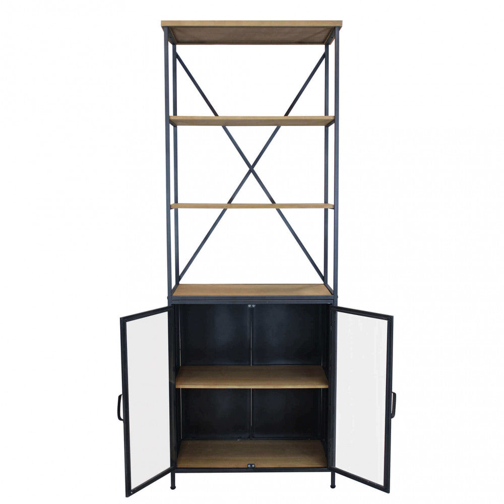 Vista frontale della libreria BROCK vuota con entrambe le ante in vetro aperte, mostrando l'ampio spazio espositivo interno e la robustezza strutturale.