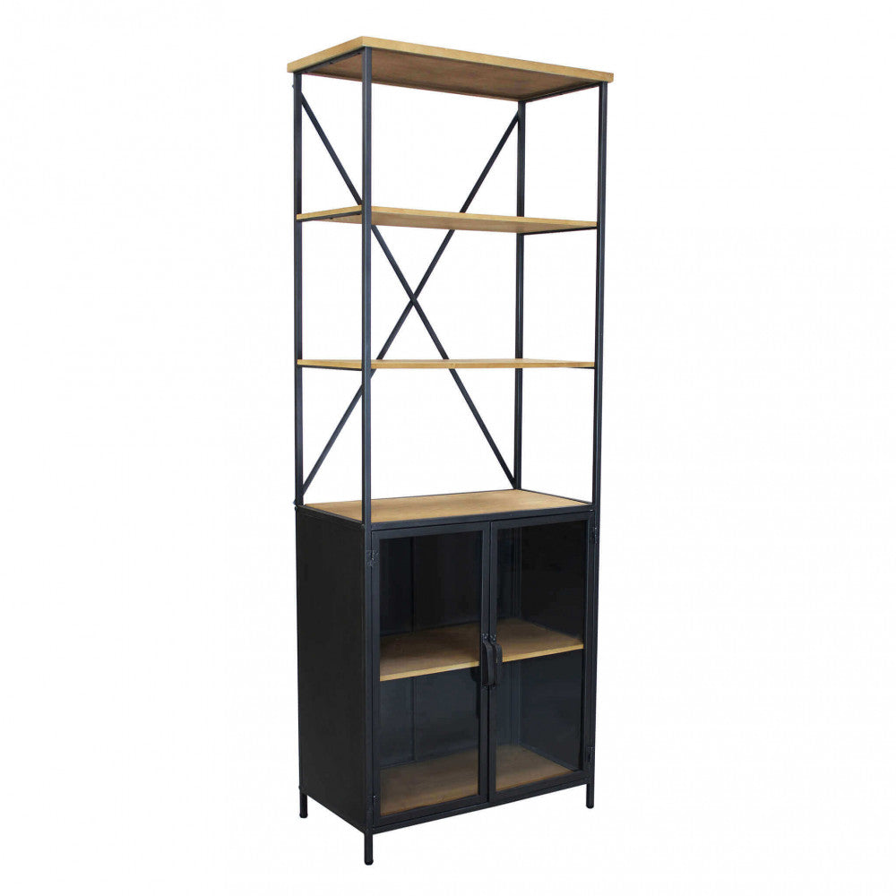 Vista frontale isolata della libreria BROCK su sfondo bianco, evidenziando la struttura geometrica in acciaio e i cinque livelli di esposizione.