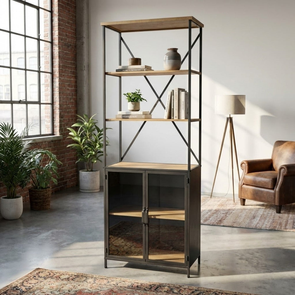 Libreria BROCK ambientata in un loft industriale con pareti in mattoni rossi a vista, pavimento in cemento e una classica poltrona in pelle.