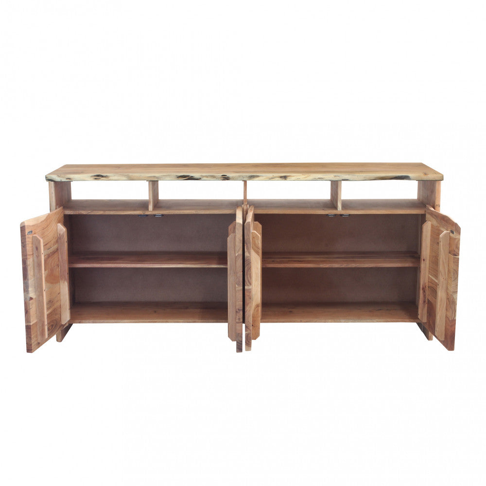 Credenza Byron con tutte le ante aperte su sfondo bianco, mostrando l'ampia capacità contenitiva.
