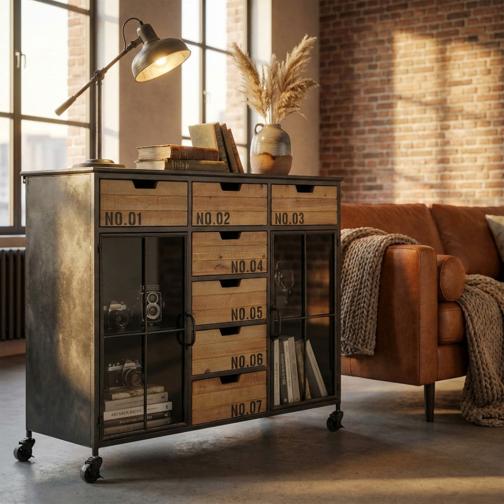 Credenza industriale Caden in acciaio e legno ambientata in un loft con divano in pelle e parete in mattoni.