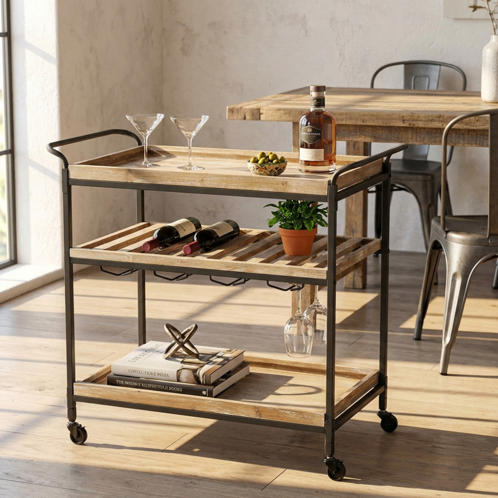 Dettaglio del carrello industriale Camron con ripiani in legno marrone e struttura in metallo nero.