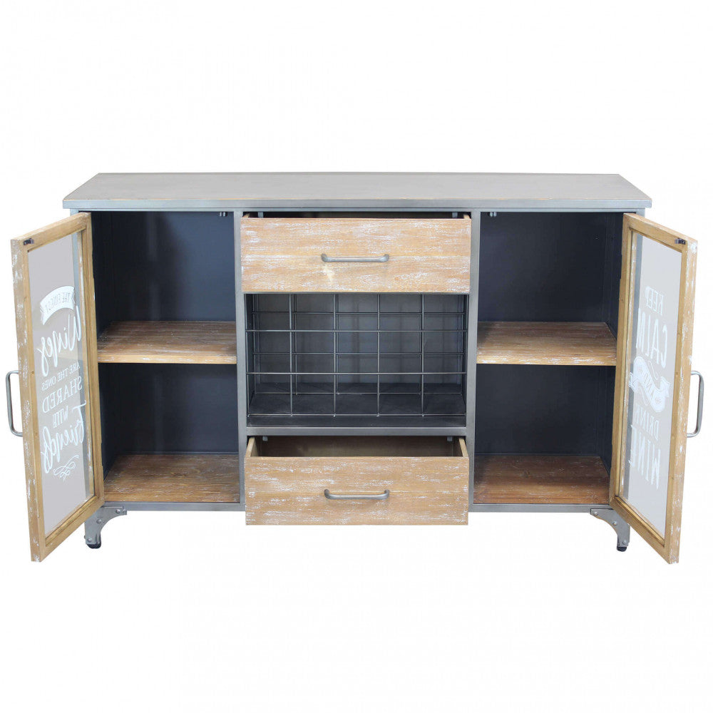 Credenza Christian con ante aperte, mostrando i ripiani interni in legno e la struttura portabottiglie in acciaio.