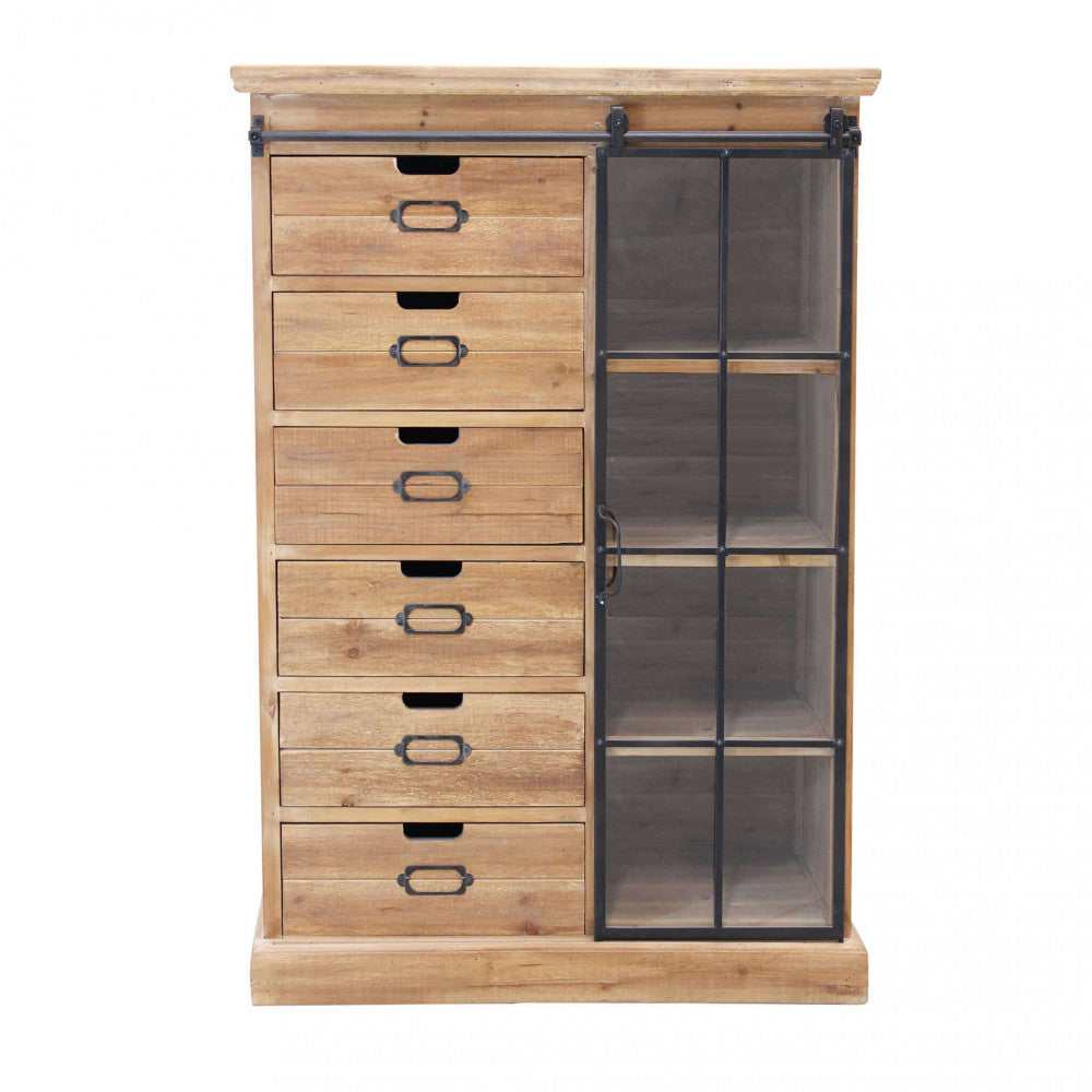 Cassettiera industriale in legno con sei cassetti e vetrina laterale chiusa.