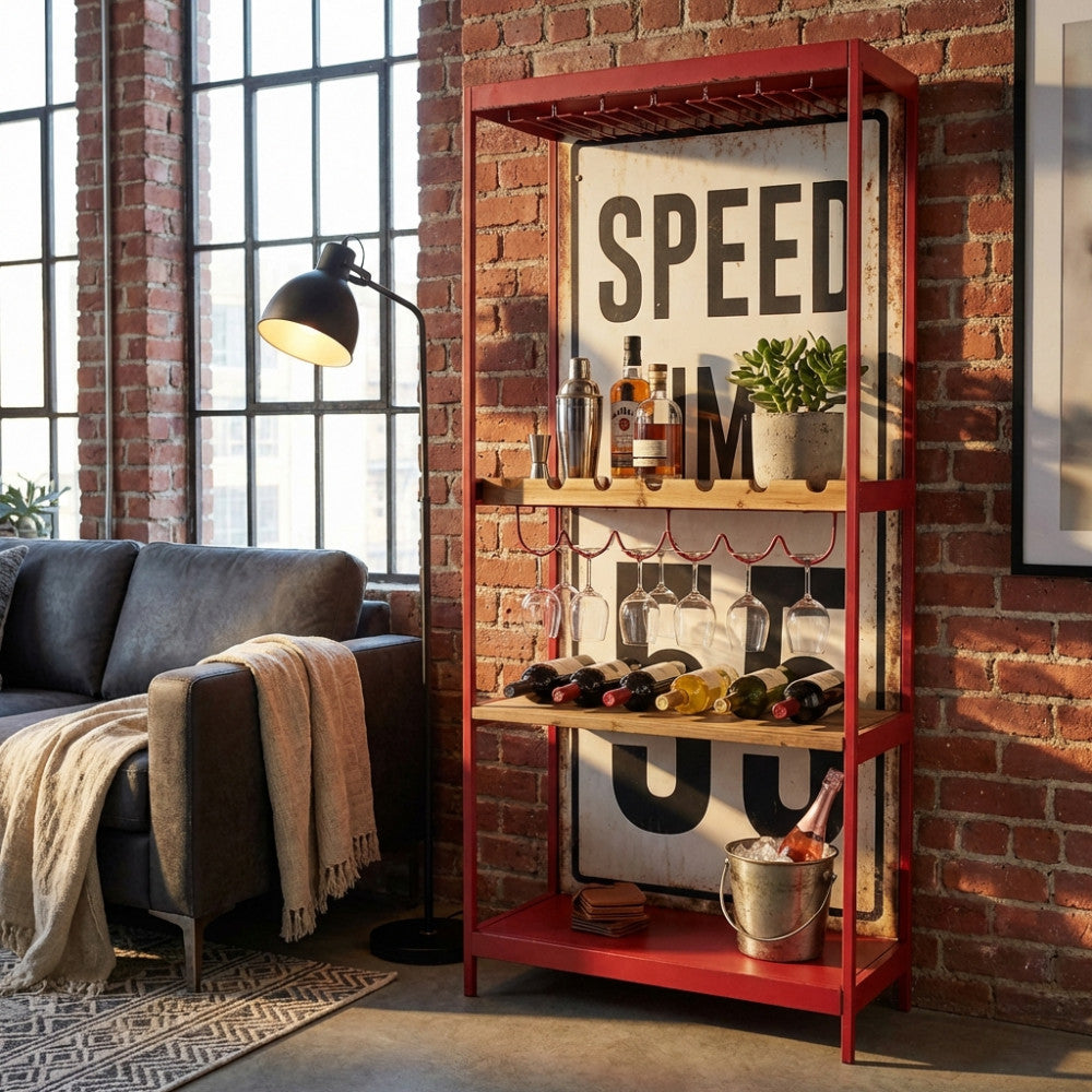 Mobile bar Clayton in metallo rosso e legno ambientato in un loft industriale con divano scuro e lampada da terra.