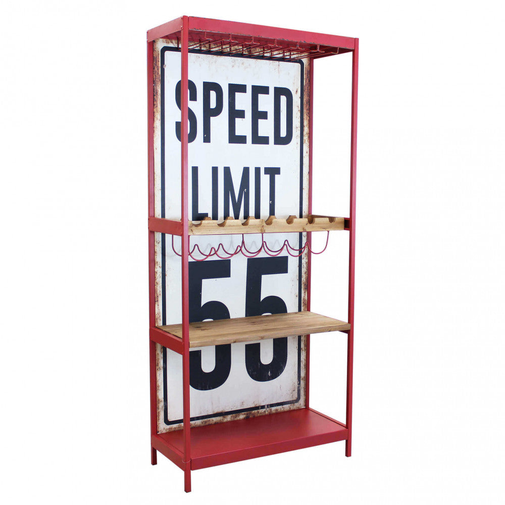 Vista frontale del mobile bar Clayton isolato su sfondo bianco, che mostra il cartello vintage Speed Limit 55.