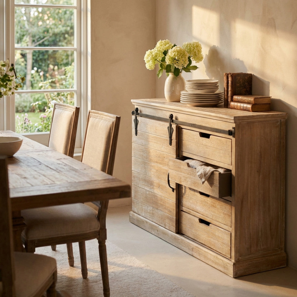 Credenza COLUM in legno e metallo ambientata in una luminosa sala da pranzo rustica.