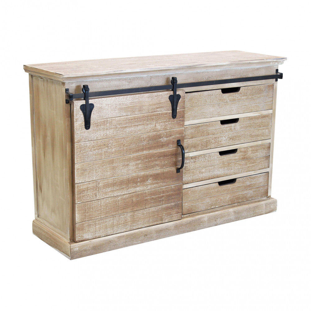 Vista isolata della credenza COLUM in legno marrone con dettagli in metallo nero.