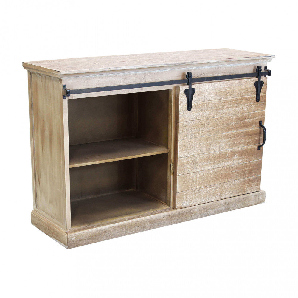 Credenza COLUM con anta scorrevole aperta, mostrando i ripiani interni spaziosi.