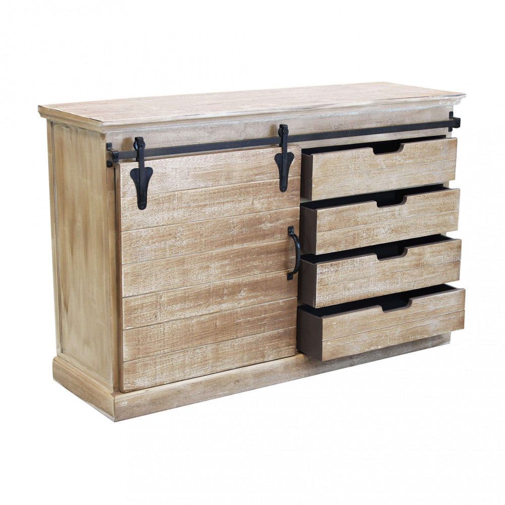 Credenza COLUM con cassetti aperti, evidenziando la capienza e la struttura in legno.