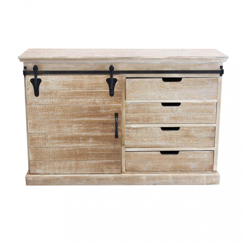 Vista frontale della credenza COLUM, perfetta simmetria tra anta scorrevole e cassetti.