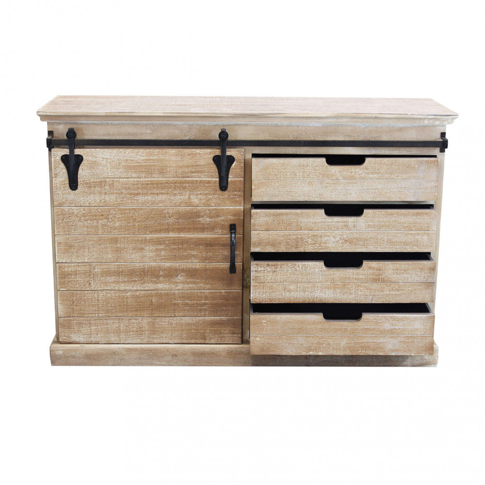 Credenza COLUM con tutti i cassetti aperti, mostrando la fluidità dei meccanismi.