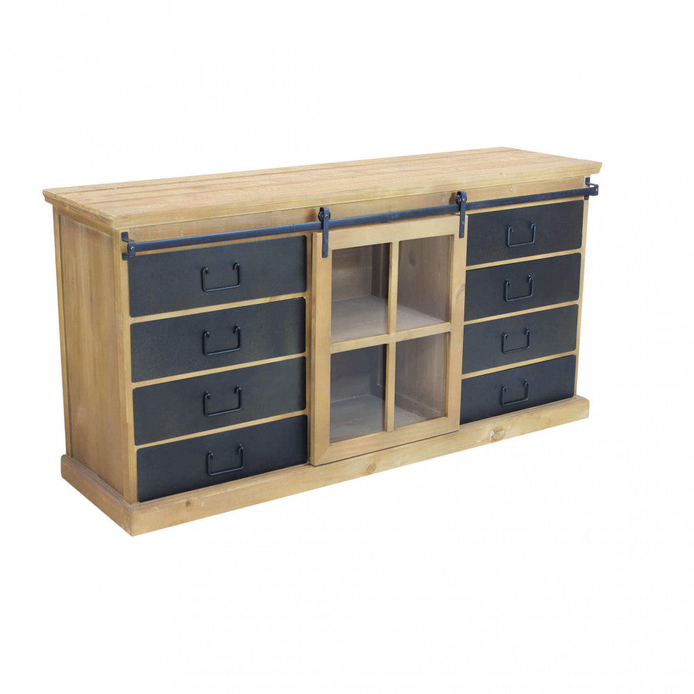 Dettaglio isolato su sfondo bianco della credenza stile industriale con anta a vetri scorrevole.