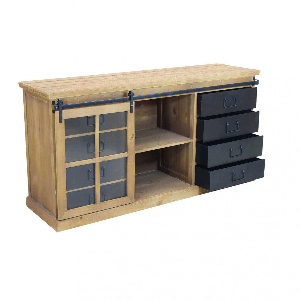 Credenza in legno con anta scorrevole spostata a sinistra, rivelando i ripiani interni centrali e i cassetti aperti a destra.