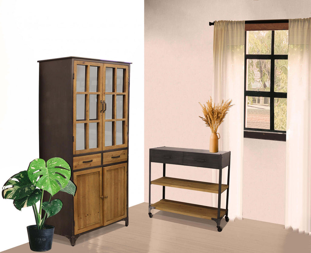 Rendering della vetrina affiancata a un carrello in stile industriale in un ambiente con finestra.