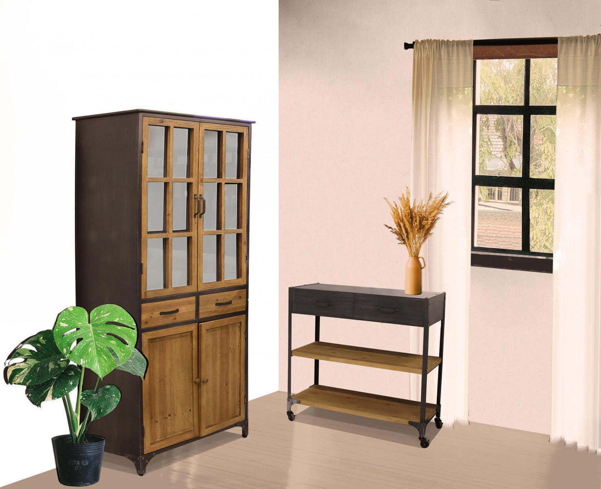 Rendering della vetrina affiancata a un carrello in stile industriale in un ambiente con finestra.