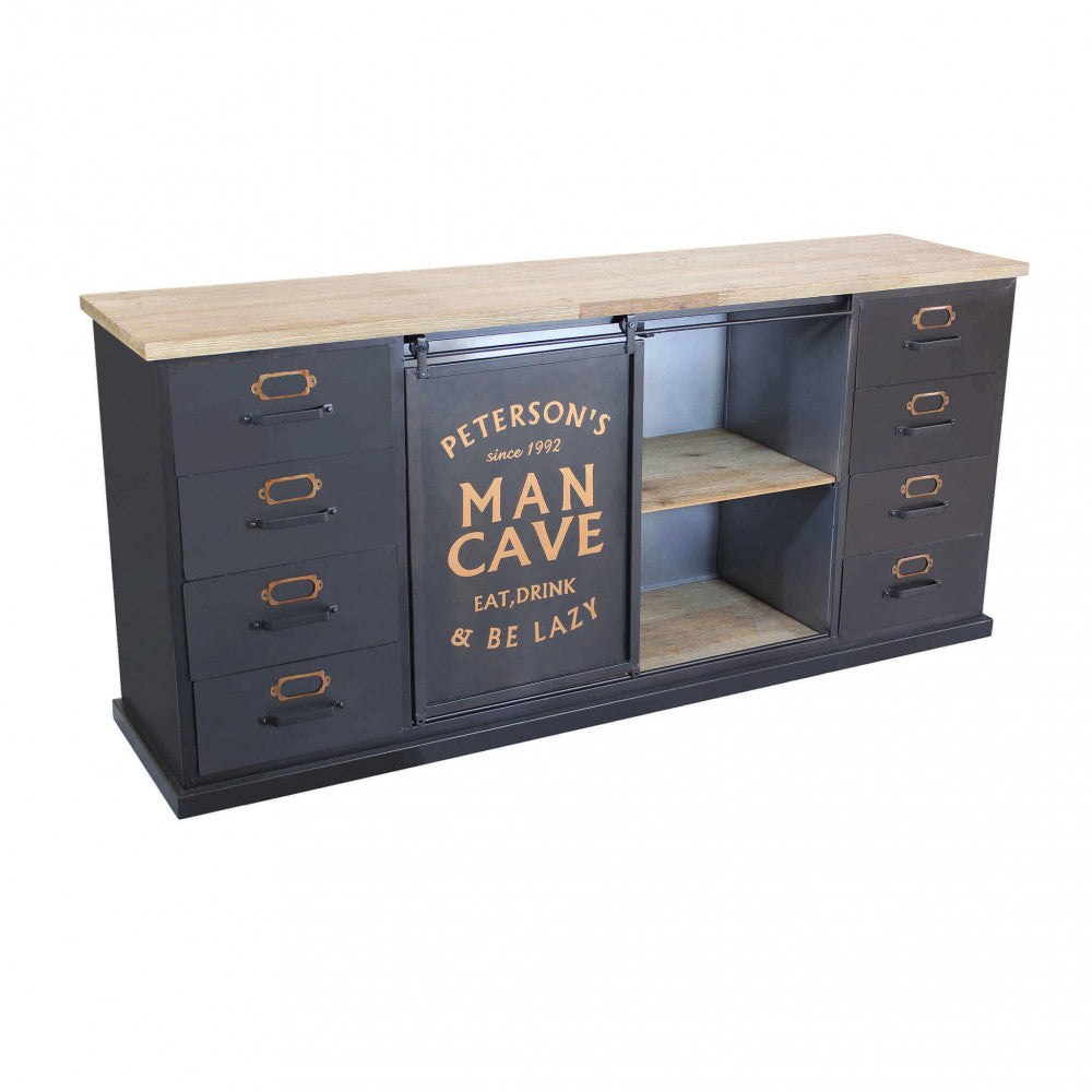 Dettaglio isolato della credenza Mobile Daley su sfondo bianco, che mostra la struttura in acciaio nero e il top in legno chiaro.