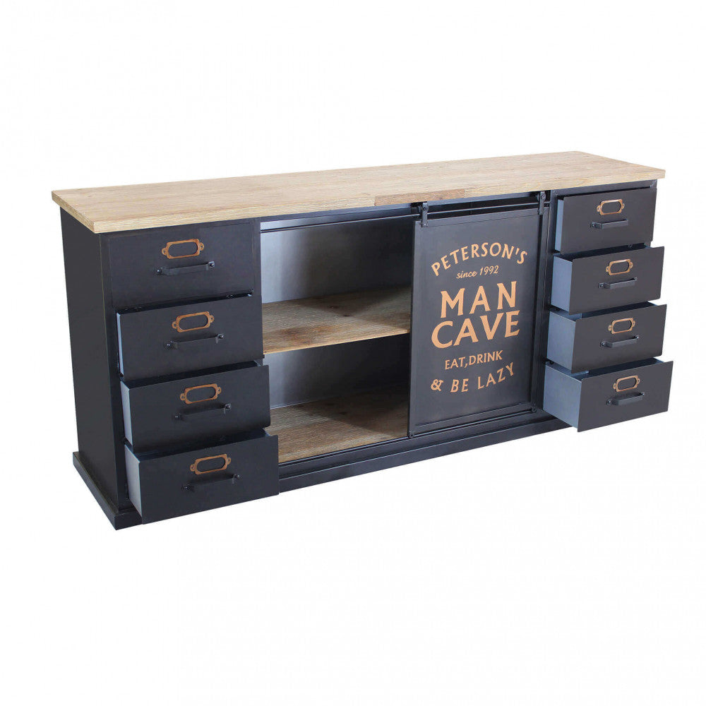 Credenza Mobile Daley con tutti i cassetti laterali aperti, rivelando la capienza interna e i ripiani centrali in legno.