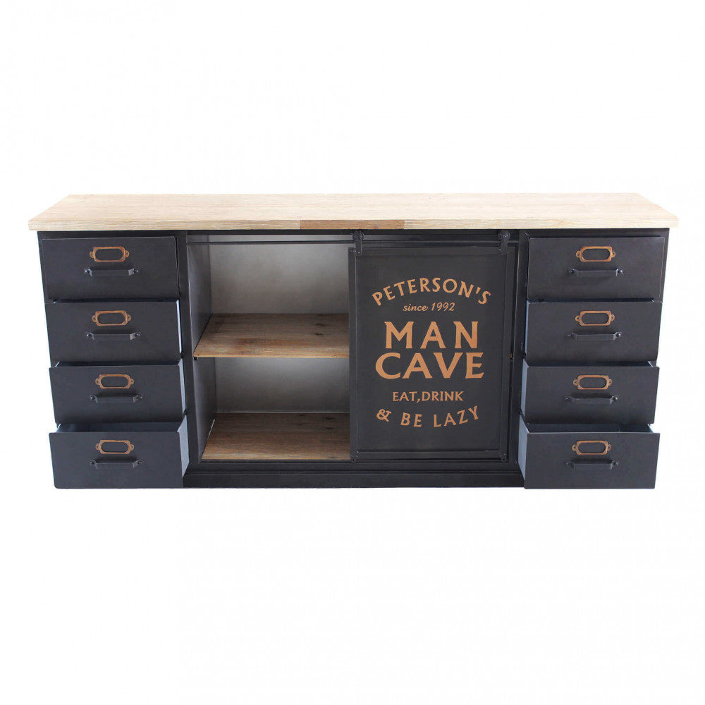 Credenza Mobile Daley con cassetti aperti e anta scorrevole centrale, evidenziando la funzionalità e il design simmetrico.