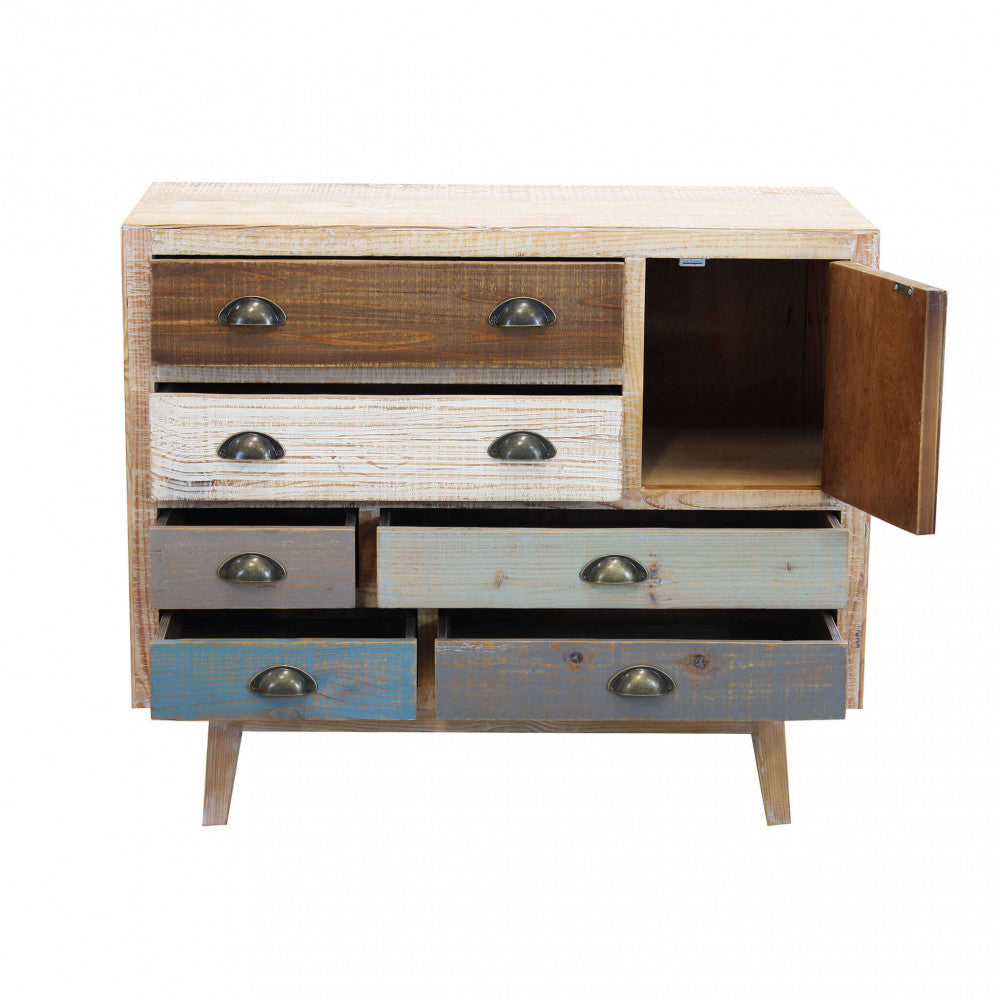 Cassettiera in legno Damon con l'anta destra aperta, rivelando lo spazio interno di archiviazione.