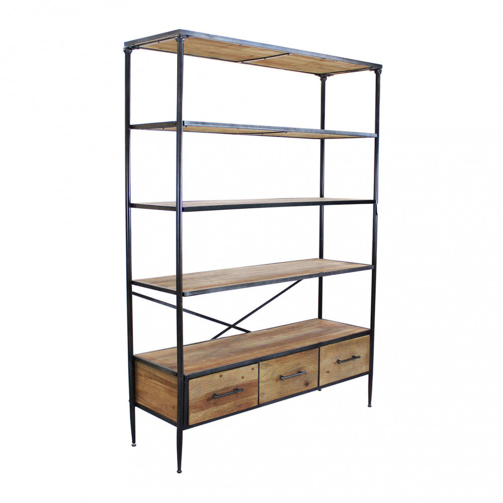 Vista angolare della libreria Delmar, che mostra la struttura in metallo nero e i tre cassetti in legno.