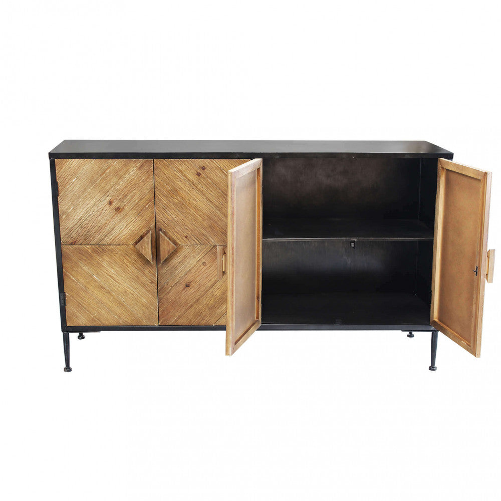 Credenza Derek con le due ante di sinistra aperte, mostrando la capacità di contenimento interna e la finitura in metallo scuro.