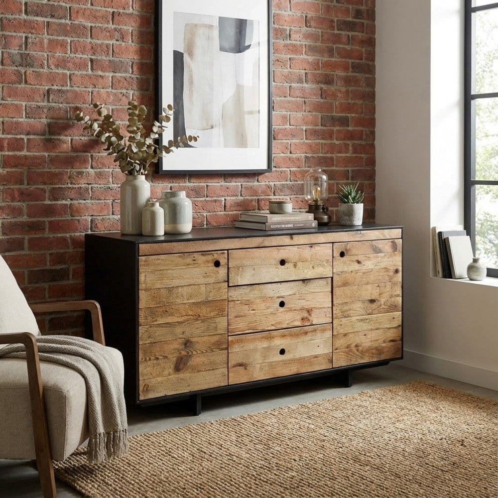 Credenza Devin ambientata in un salotto dal design industriale con parete in mattoni a vista.