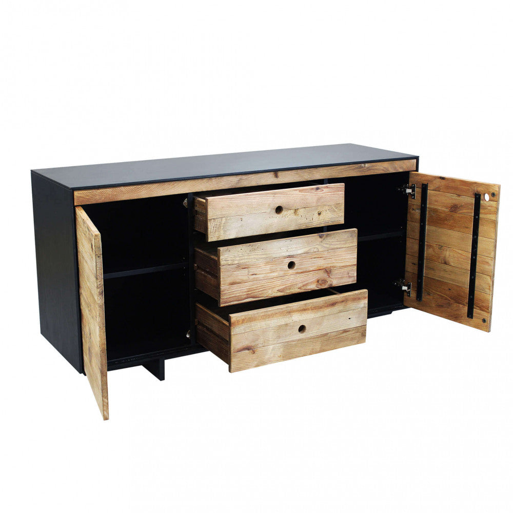 Credenza Devin con tutte le ante e i cassetti aperti, rivelando l'ampio spazio di archiviazione interno.